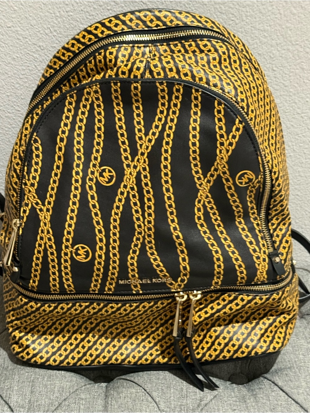 Michael Kors Black and Gold Chain-Print Backpack